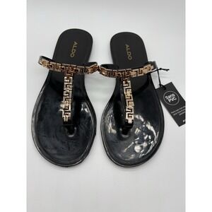 Aldo Madila T Strap Black Jelly Sandal With Gold Metal Geometric Pattern, 7